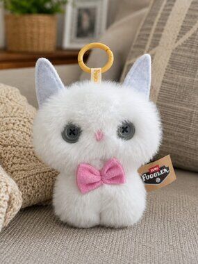 Fuggler White Cat Plush Bag Charm Keychain with Pink Bow – Cute Collectible NWT